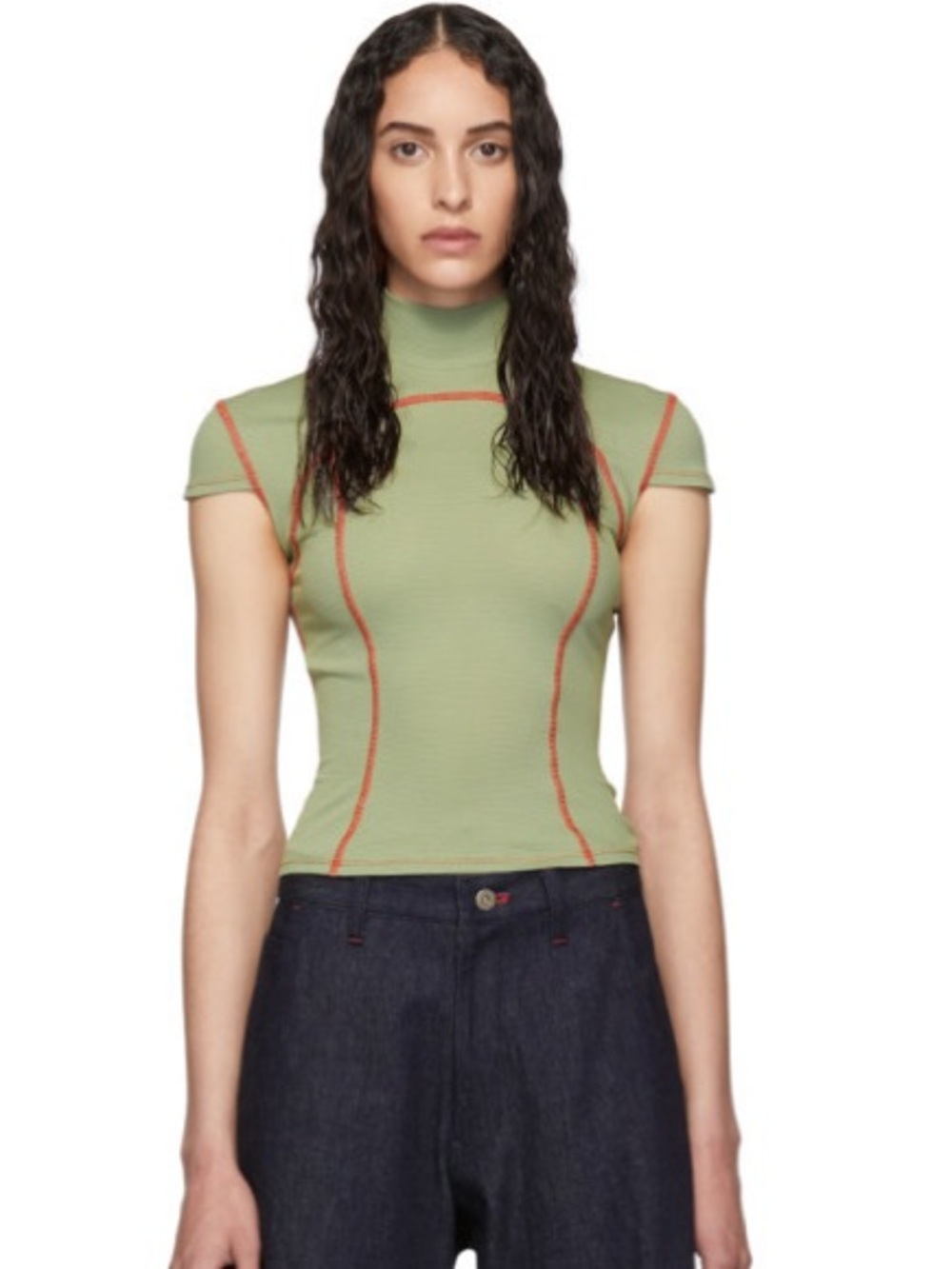 Eckhaus Latta Green Cap-Sleeve Sport Tee with Contrast Stitching